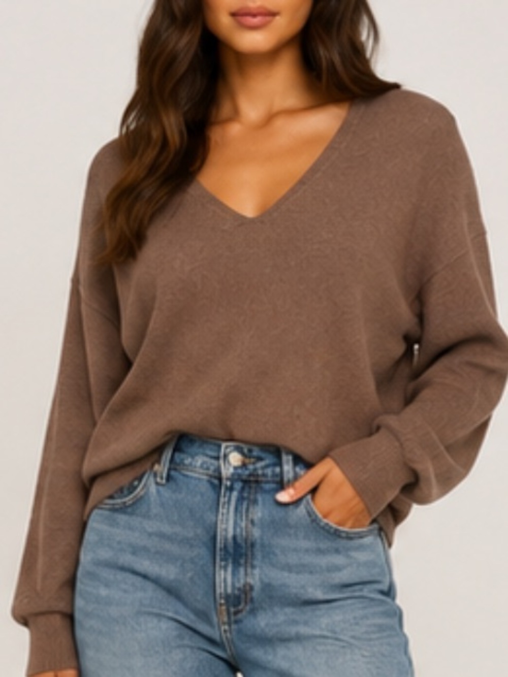 Nuuds Luxe Knit V-Neck Sweater Mocha Size S $118 MSRP